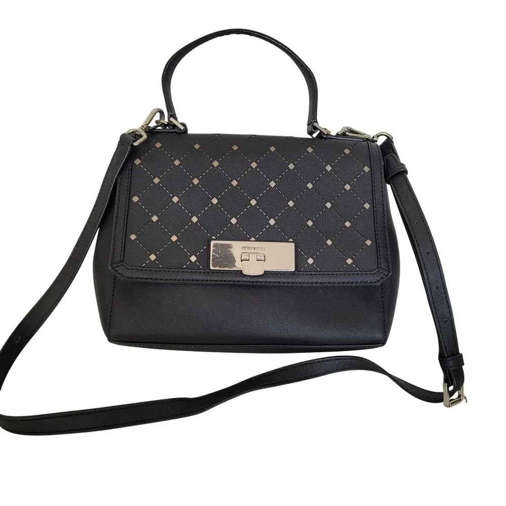 Michael Kors Black Saffiano Leather Perforated Flap Crossbody Handbag Medium